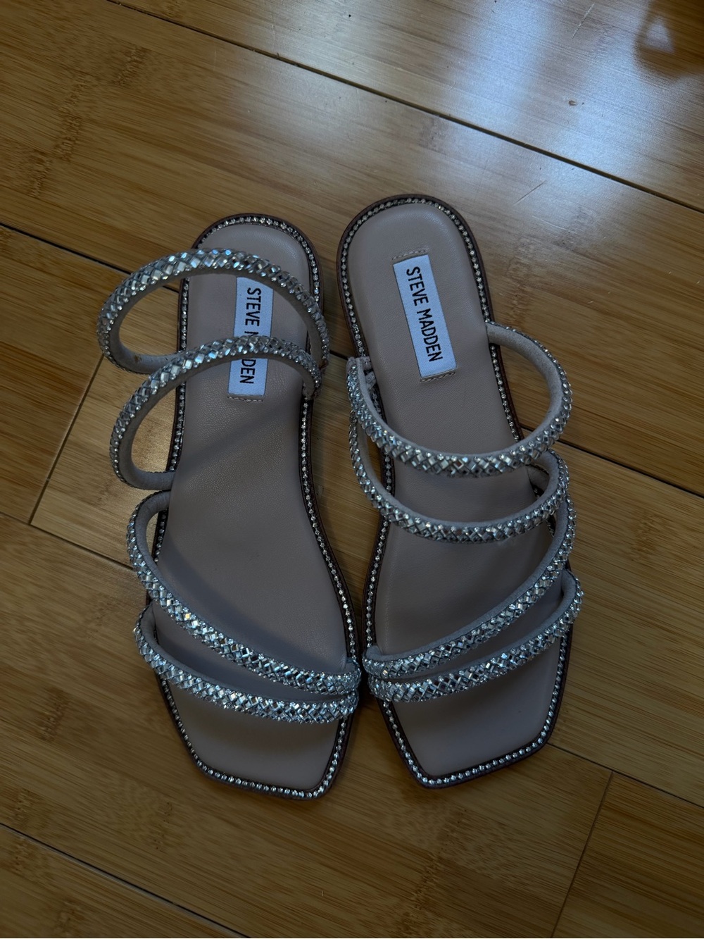 Steve Madden Nude Crystal-Strap Multi-Band Slide Sandals